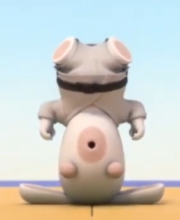 lapin crétin sur la tête sur un tatamis